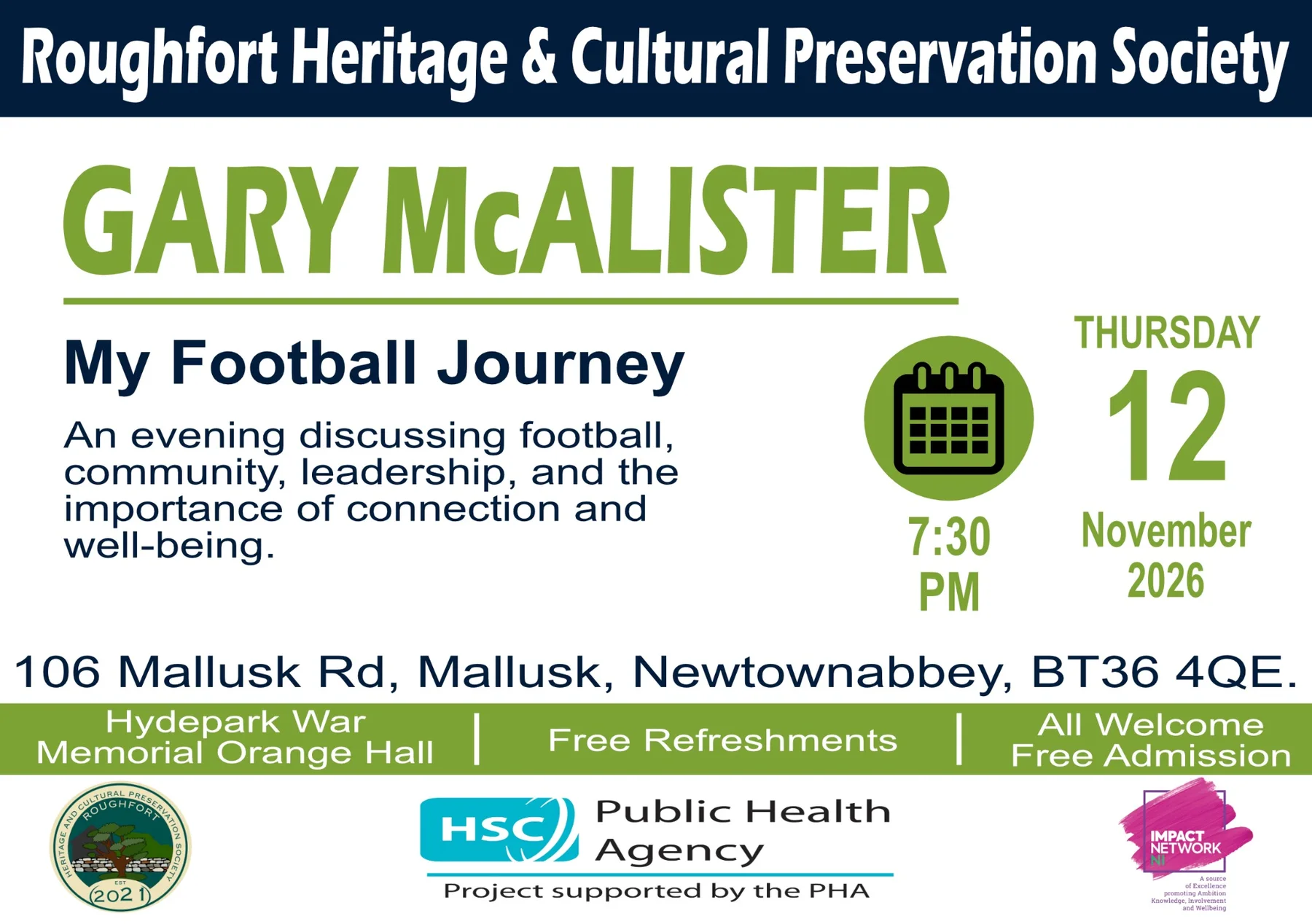 Gary McAlister My Football Journey talk poster for 12 November 2026