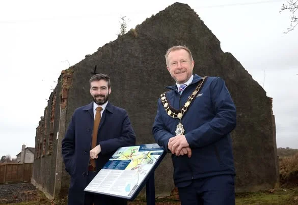 Roughfort heritage board beside the ruins of Roughfort Orange Hall