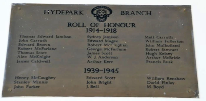 Hydepark Branch Roll of Honour including John and Matthew Carruth