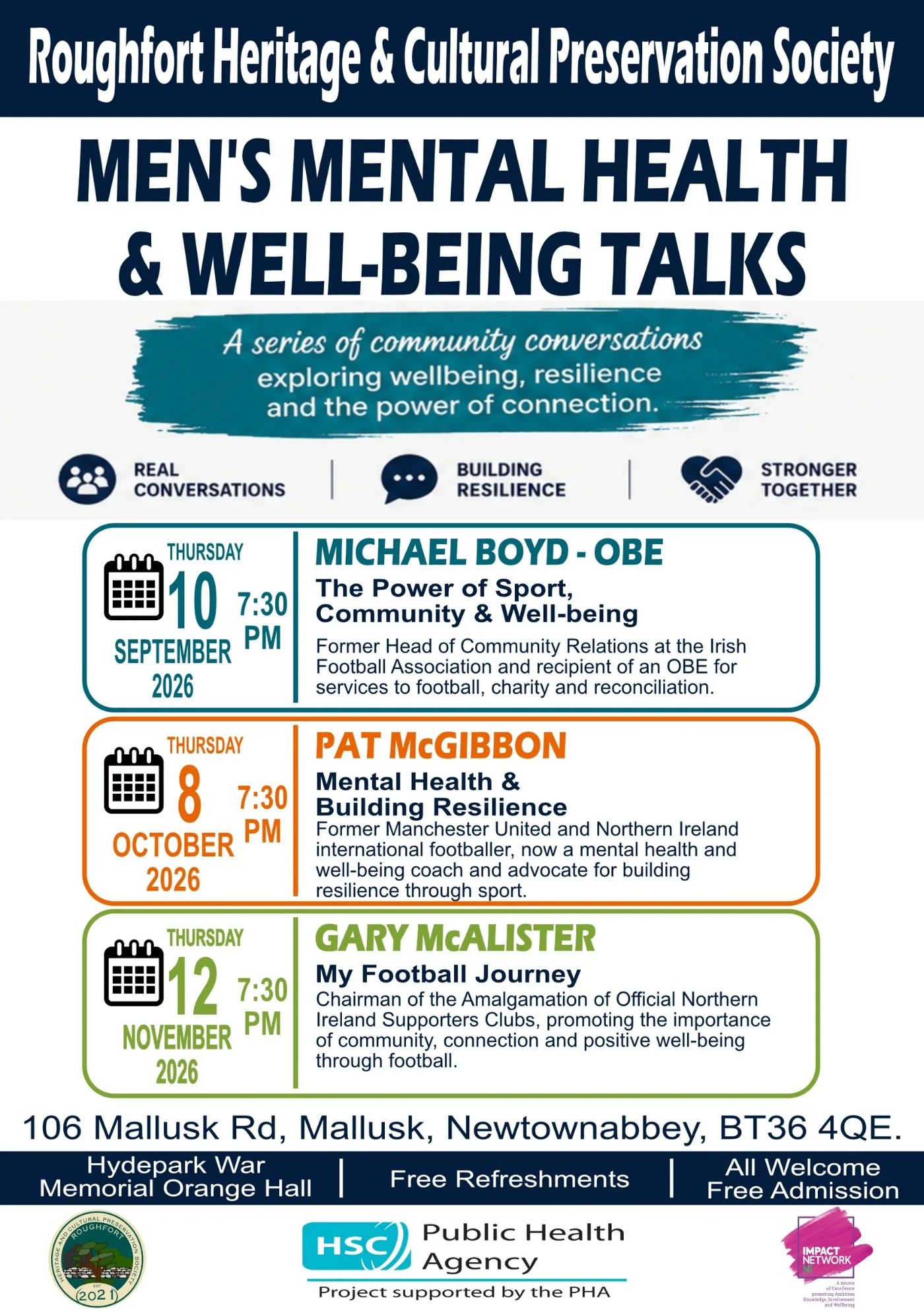 Men’s Mental Health and Well-being Talk Series poster showing the three 2026 community talks