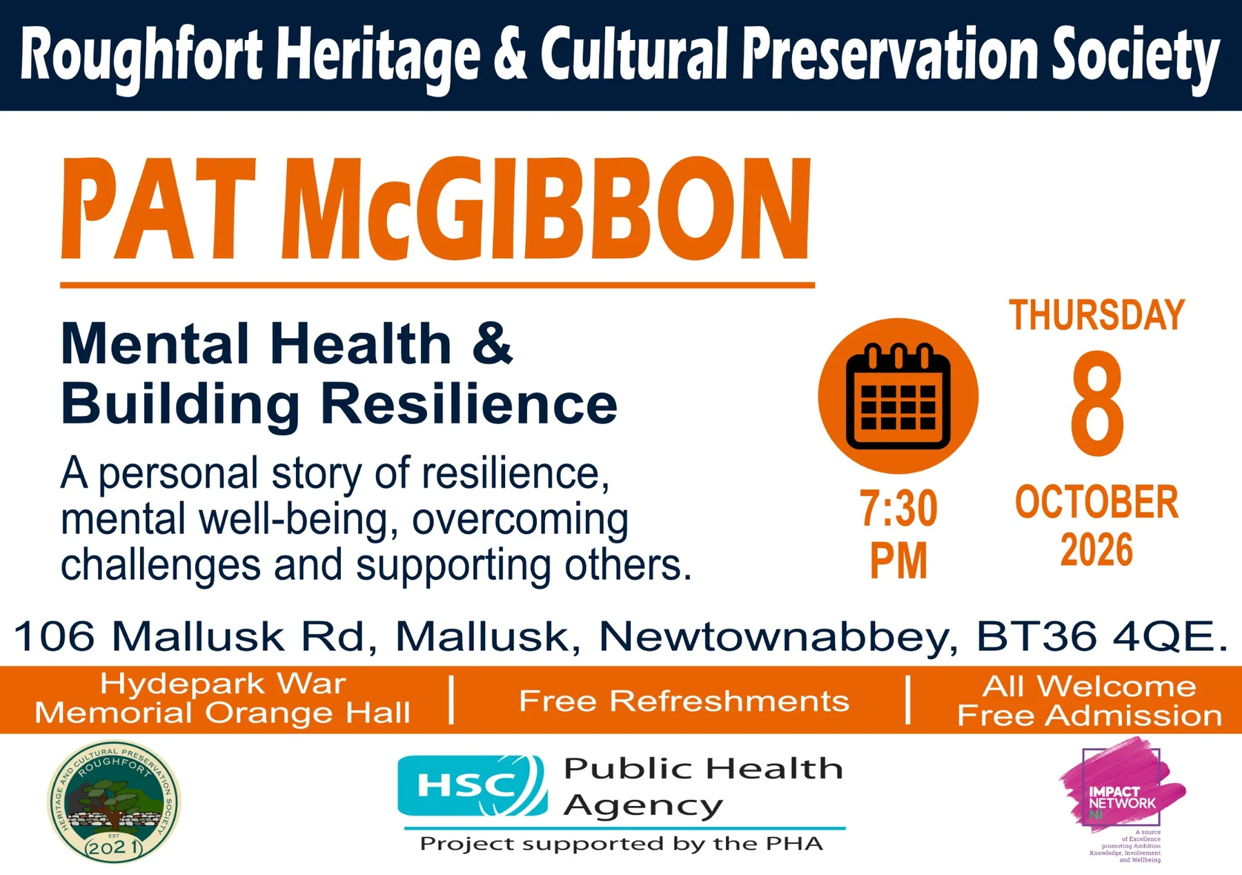 Pat McGibbon mental health and building resilience talk poster for 8 October 2026